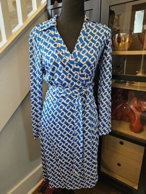 Diane Von Furstenberg Blue & White Geometric Wrap Dress